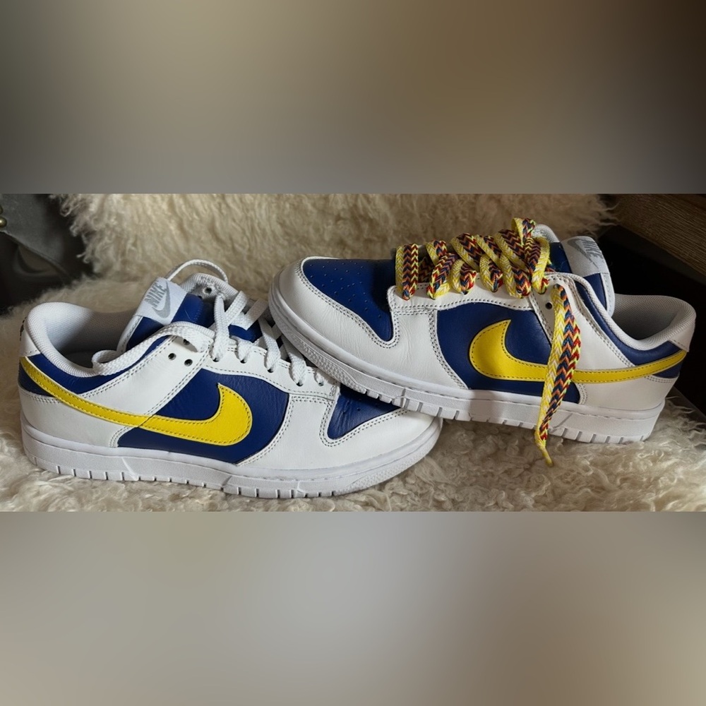 Nike women’s White, Blue & Yellow Low-Top Sneakers with Multi-Color Laces